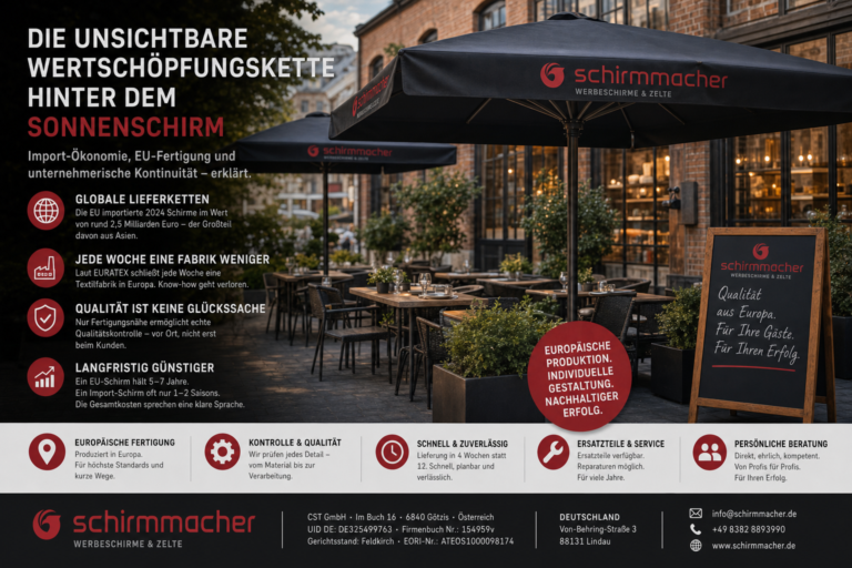 Die unsichtbare Wertschöpfungskette hinter dem Sonnenschirm: Was Import-Ökonomie, EU-Fertigung und unternehmerische Kontinuität wirklich bedeuten Die unsichtbare Wertschöpfungskette hinter dem Sonnenschirm: Was Import-Ökonomie, EU-Fertigung und unternehmerische Kontinuität wirklich bedeuten